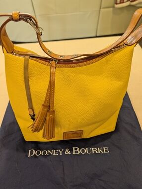 Dooney & Bourke Yellow Pebbled Leather Shoulder Bag with Tan Trim